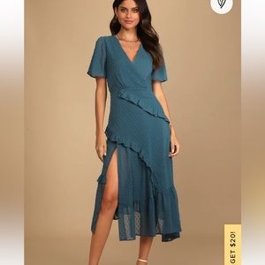 NWOT Lulus Slate Blue Swiss dot Ruffled Midi dress.  Never worn!